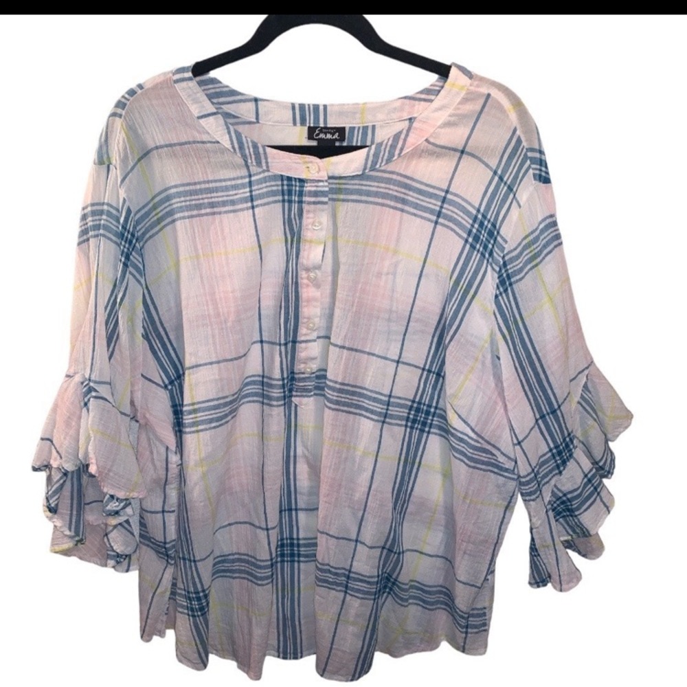 Simply Emma Women blouse plus size 3X plaid white ruffled sleeves 100% cotton